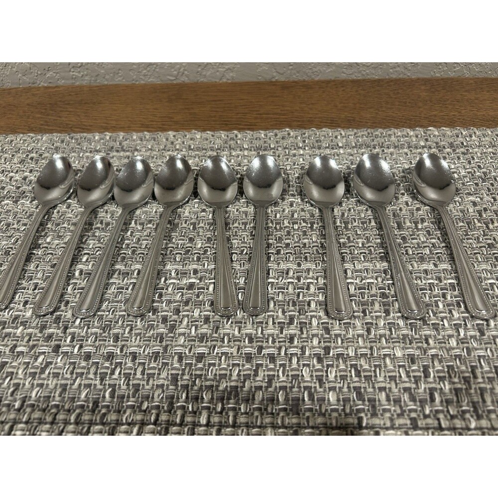 Vintage Gibson Stainless Steel Teaspoons Set Of 9 Beaded Edge 6” Long